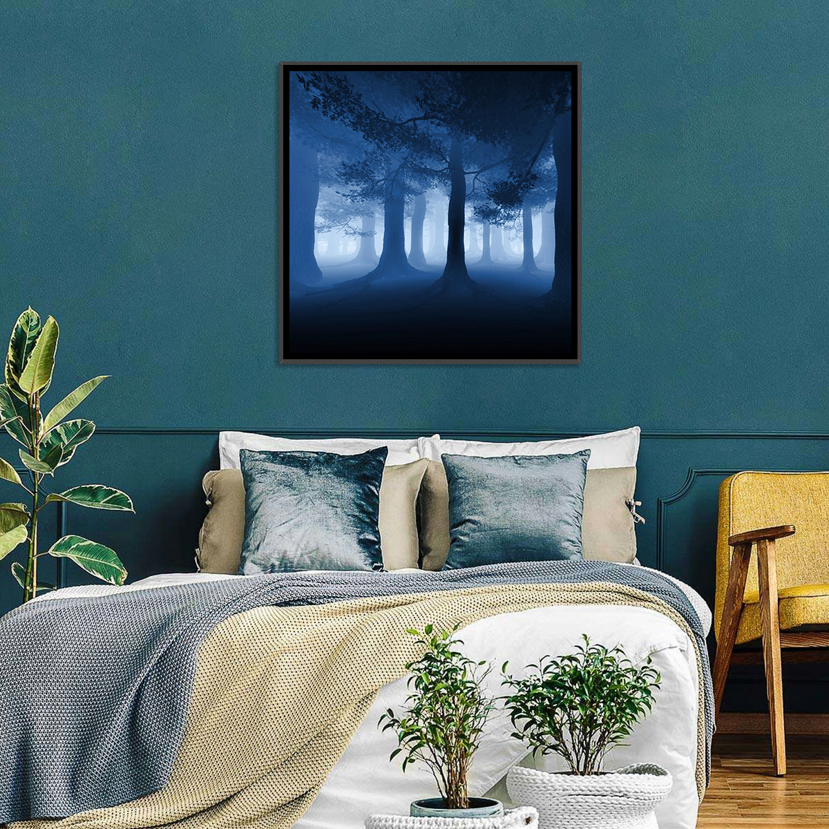 Midnight Blue Forest Wall Art in a room, square