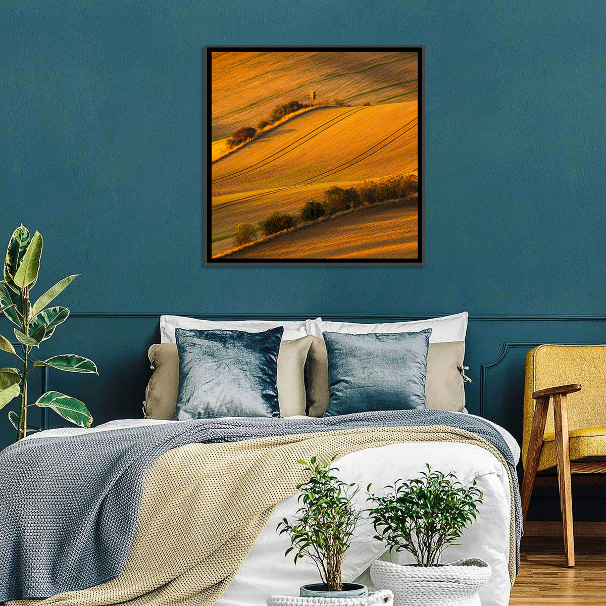 Golden Moravian Farm Tracks Wall Art in a room, square