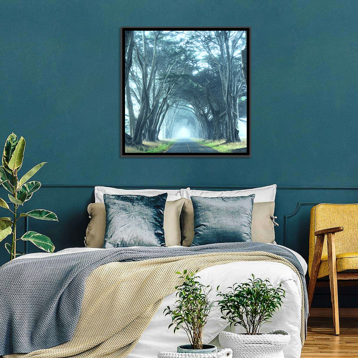 Foggy Cypress Tree Tunnel Wall Art in a room, square
