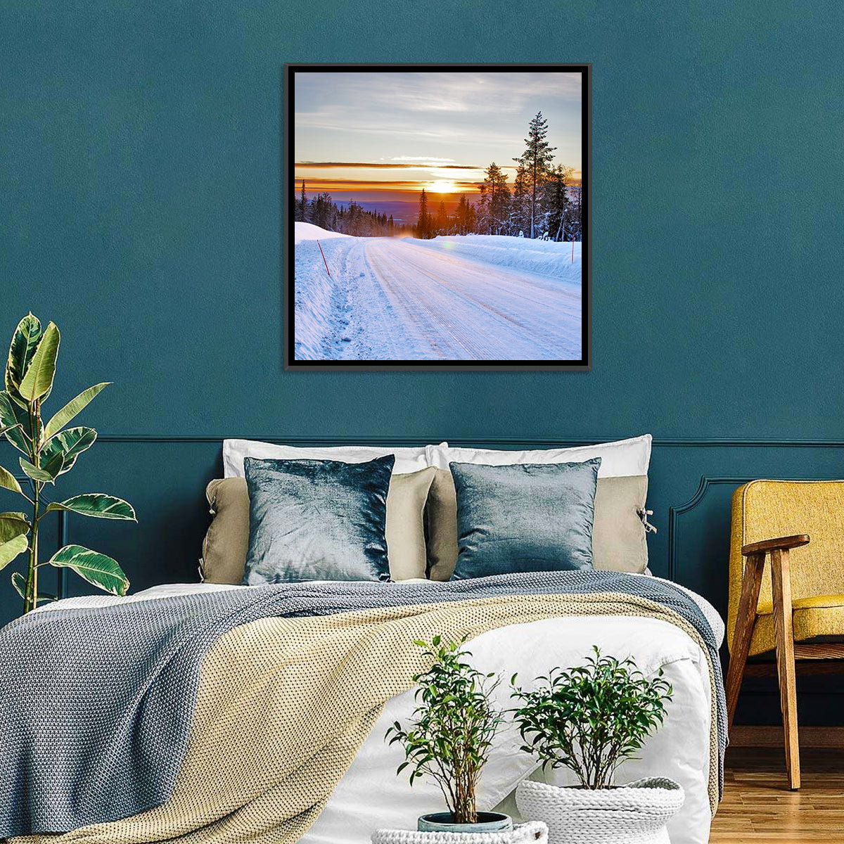 Snowy Road at Sunset Wall Art in a room, square