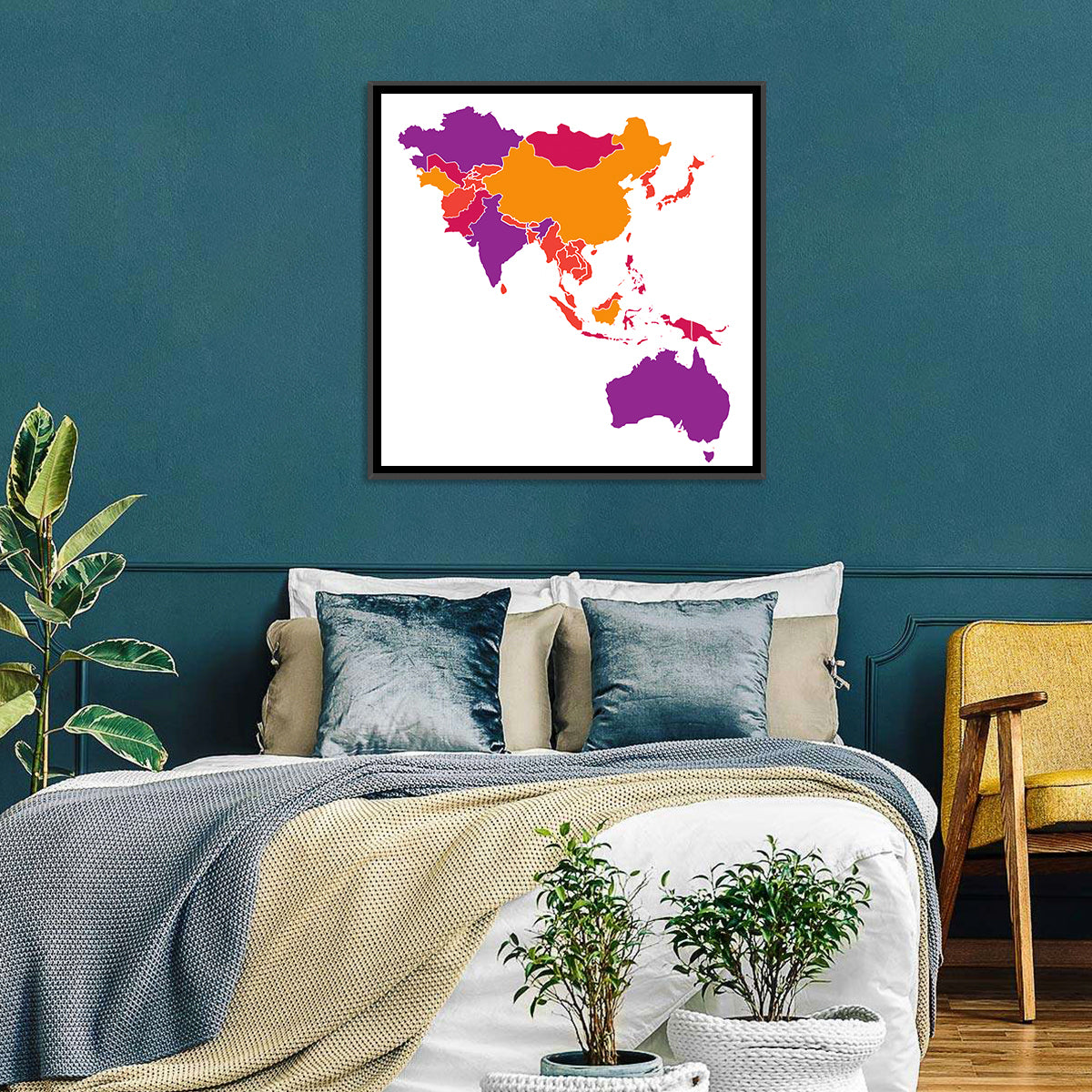 Stylized Asia Pacific Map Wall Art in a room, square