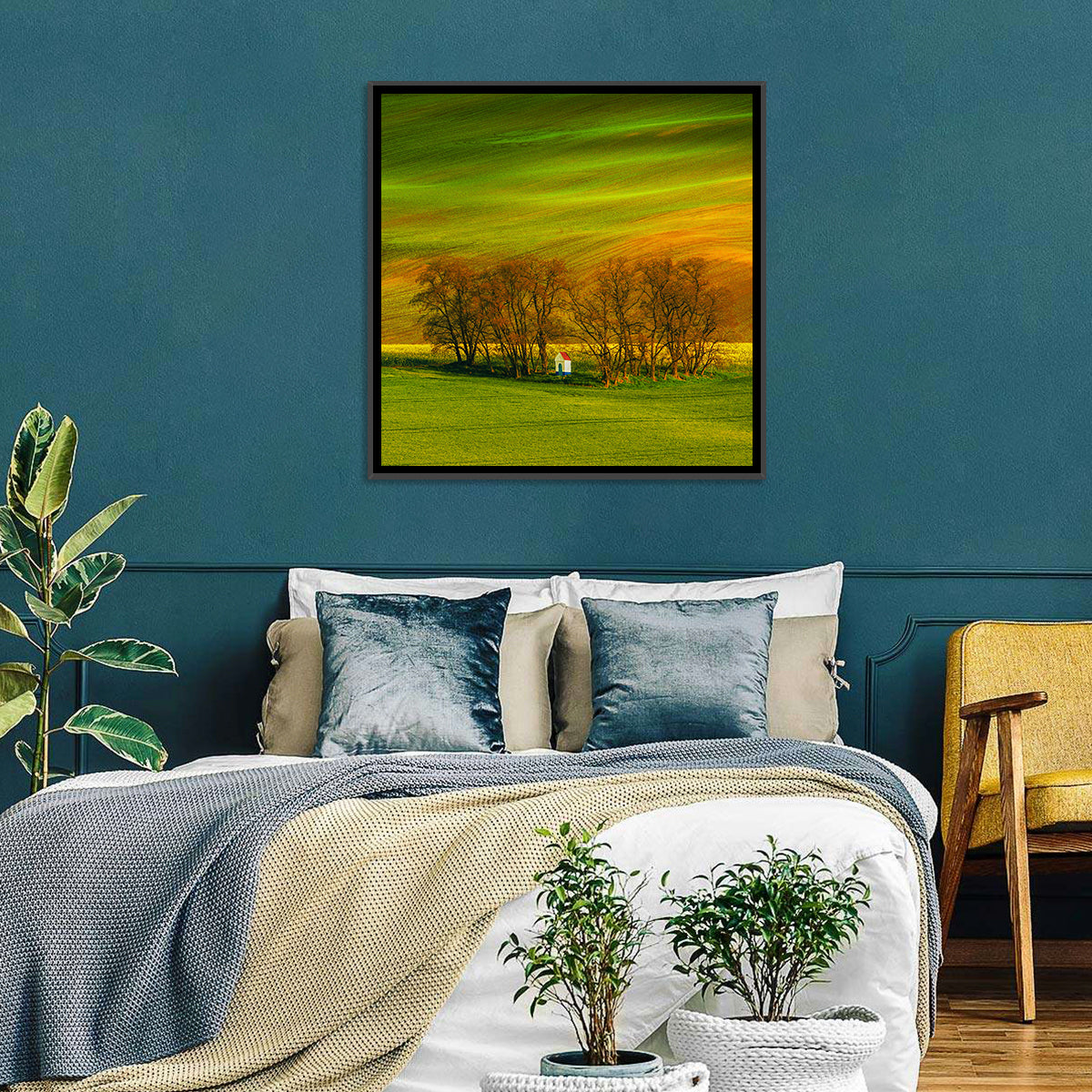 Moravian Wheat Fields with Chapel Wall Art in a room, square