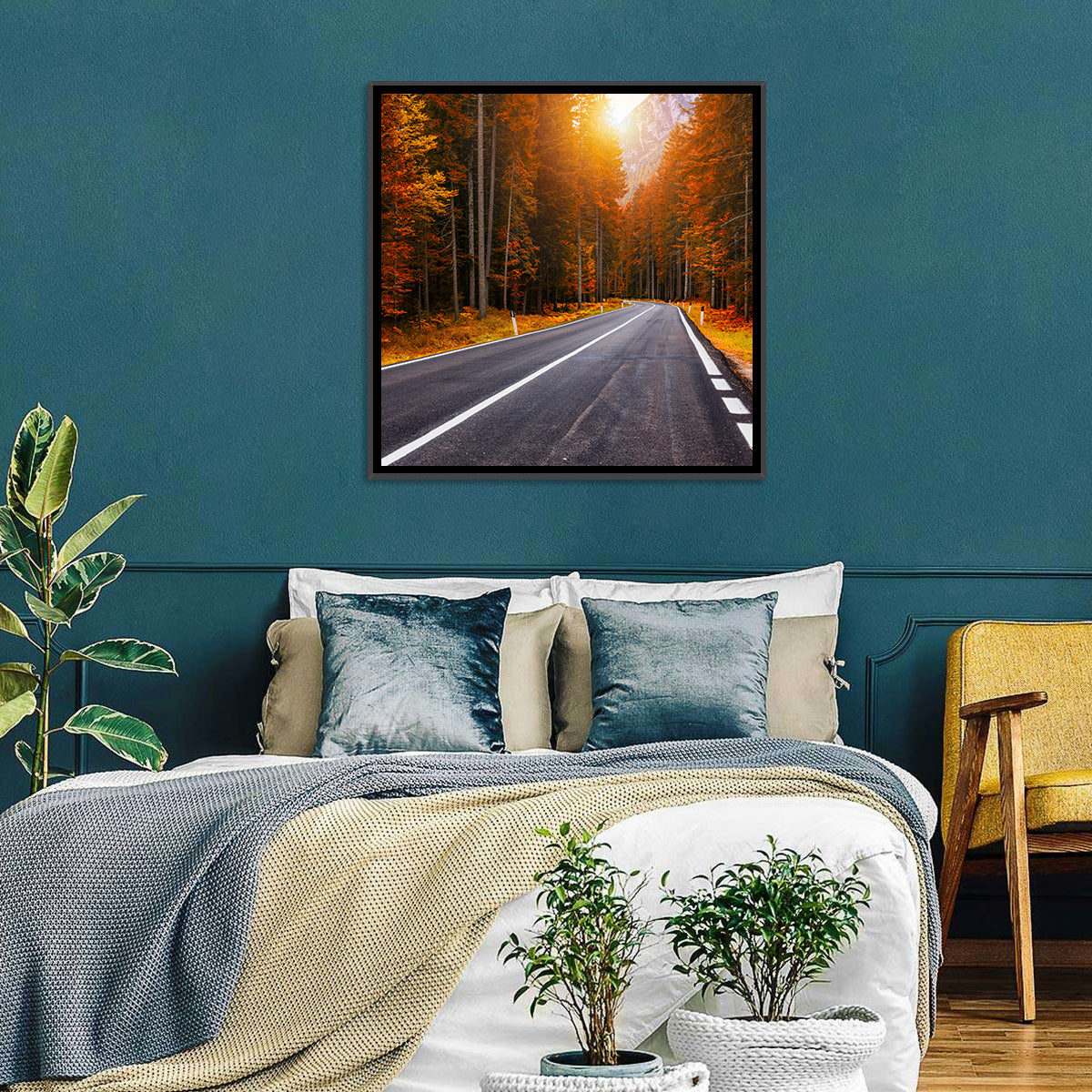 Golden Hour Forest Road Wall Art in a room, square