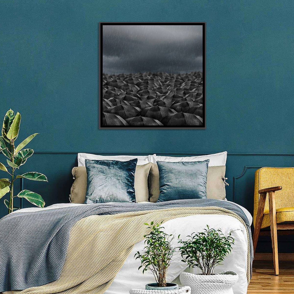 Clustered Umbrellas in Rain Wall Art in a room, square