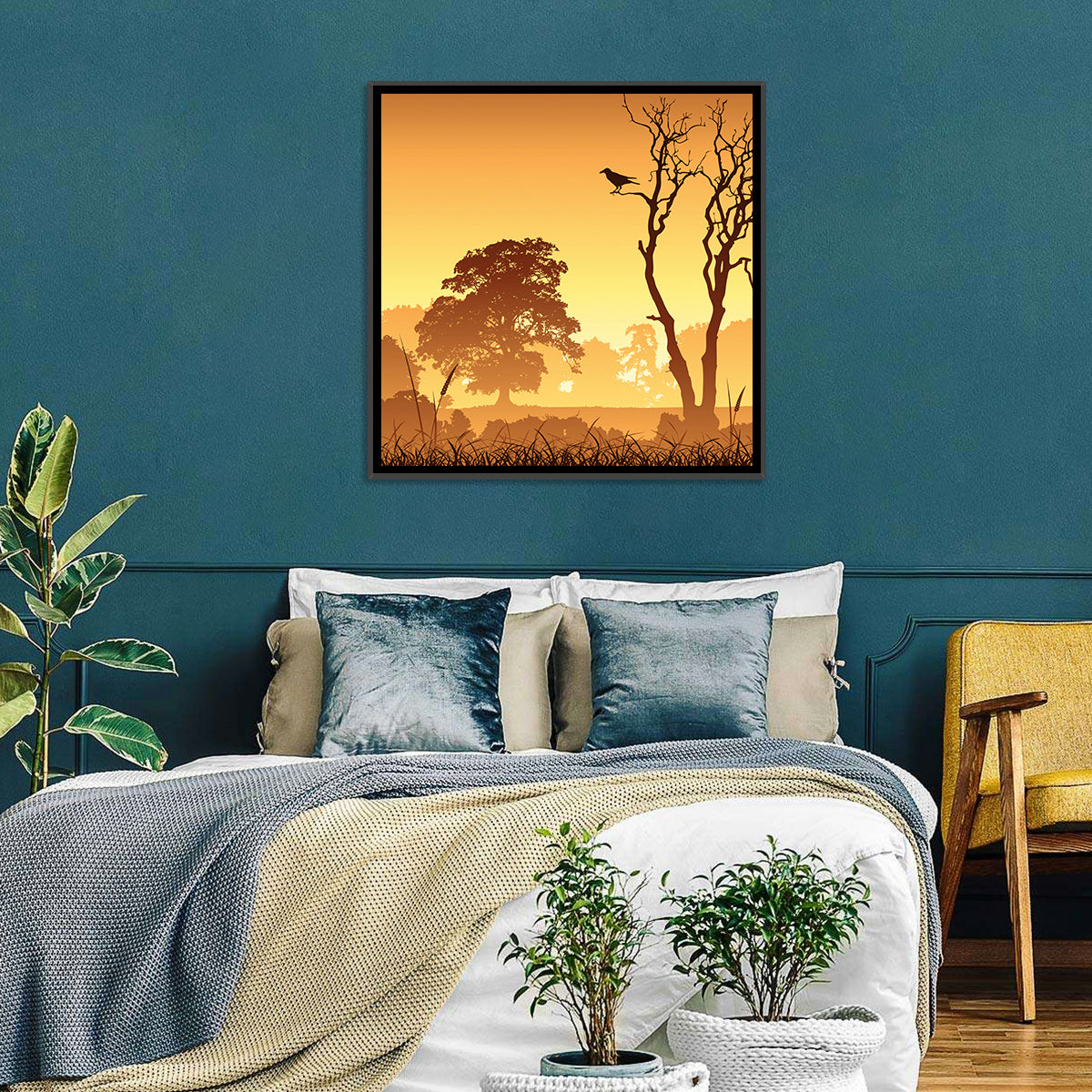 Golden Mist Tree Silhouettes with Crow Wall Art in a room, square