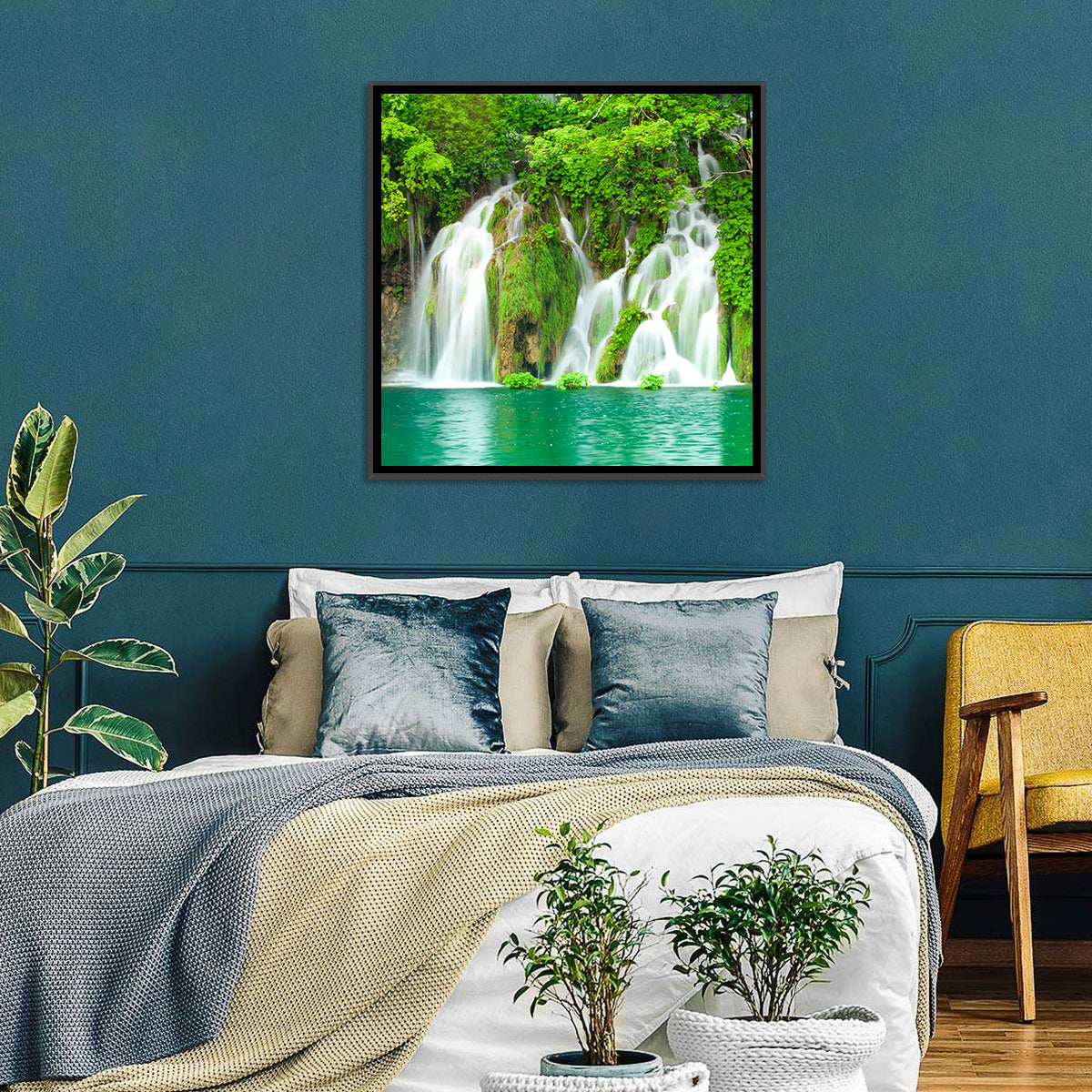 Plitvice Lakes Cascades Wall Art in a room, square