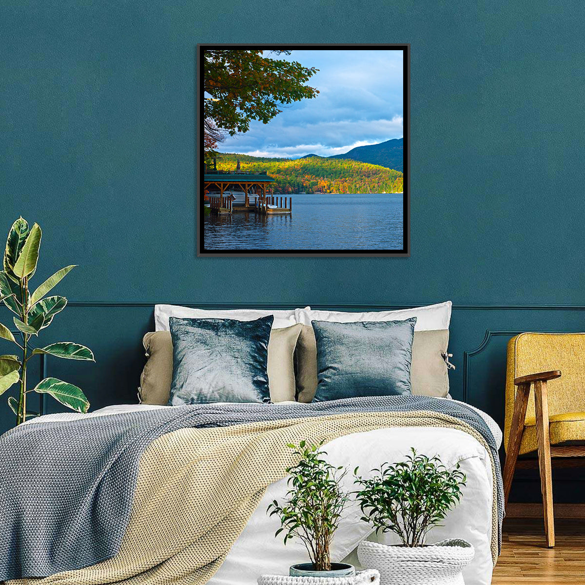 Lake George Boathouse in Autumn Wall Art in a room, square
