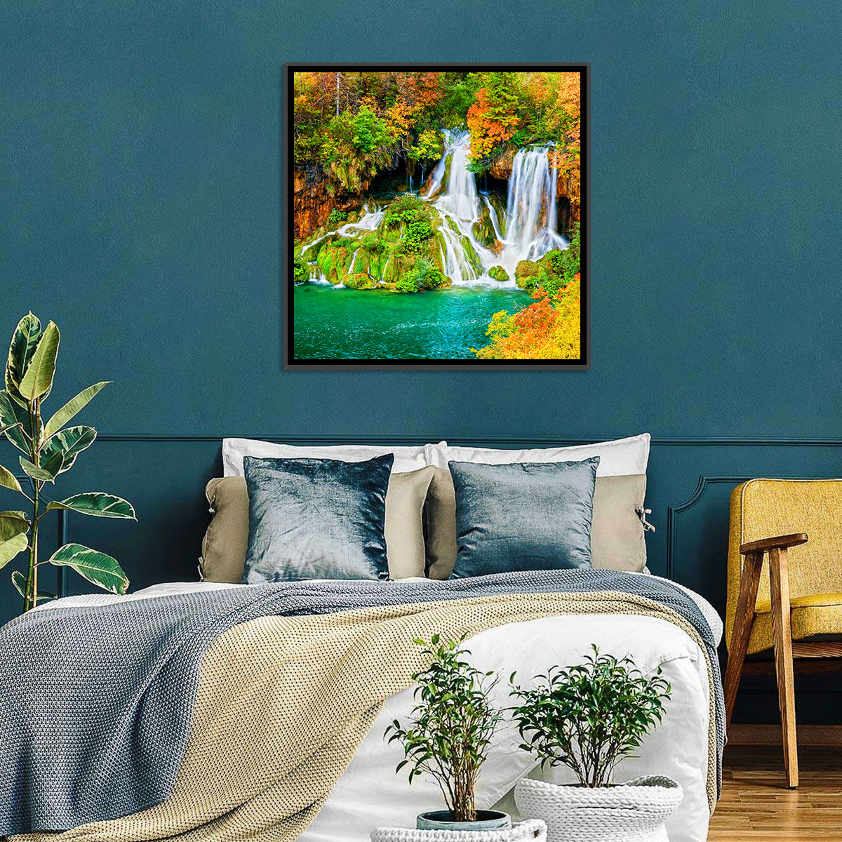 Plitvička Jezera Autumn Falls Wall Art in a room, square