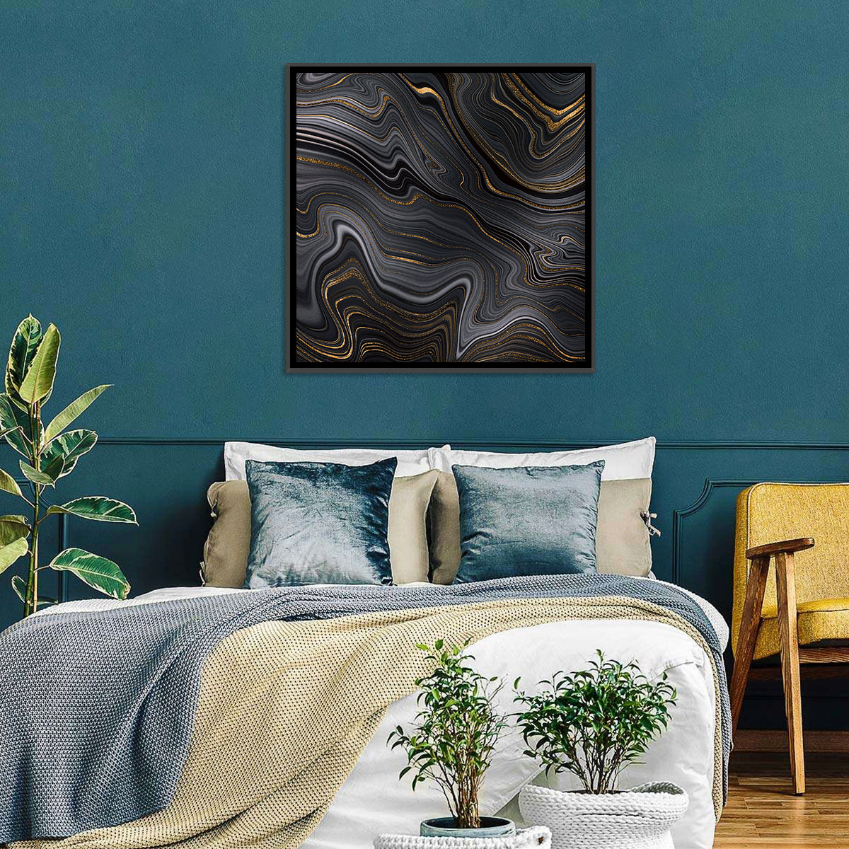 Black Marble with Gold Veins Wall Art in a room, square