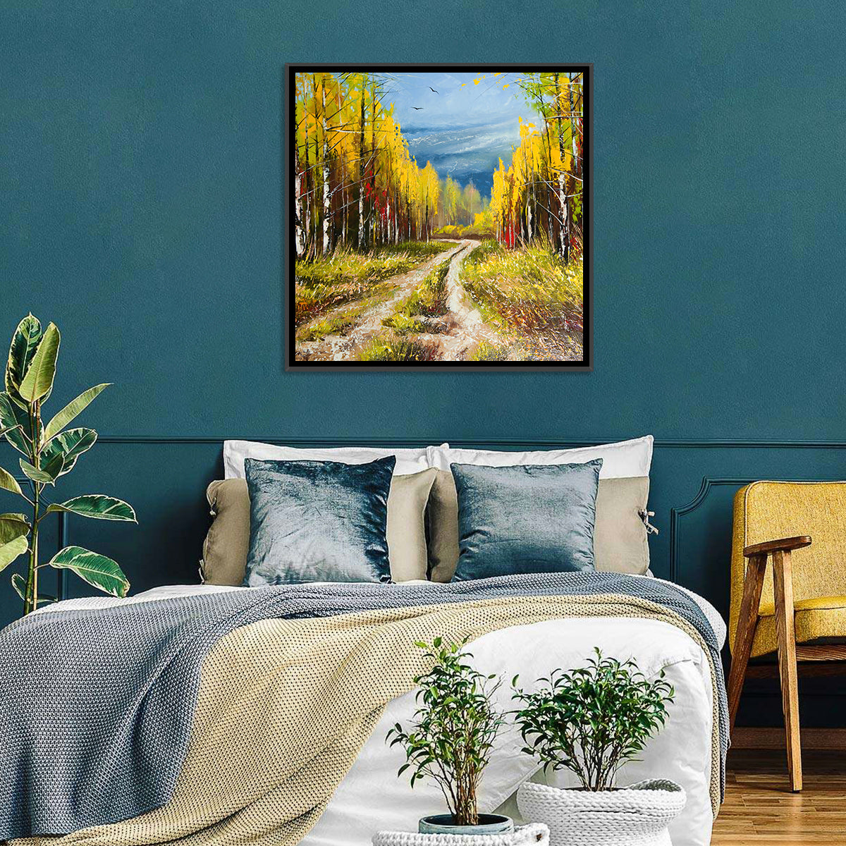 Autumn Birch Path with Two Birds Wall Art in a room, square