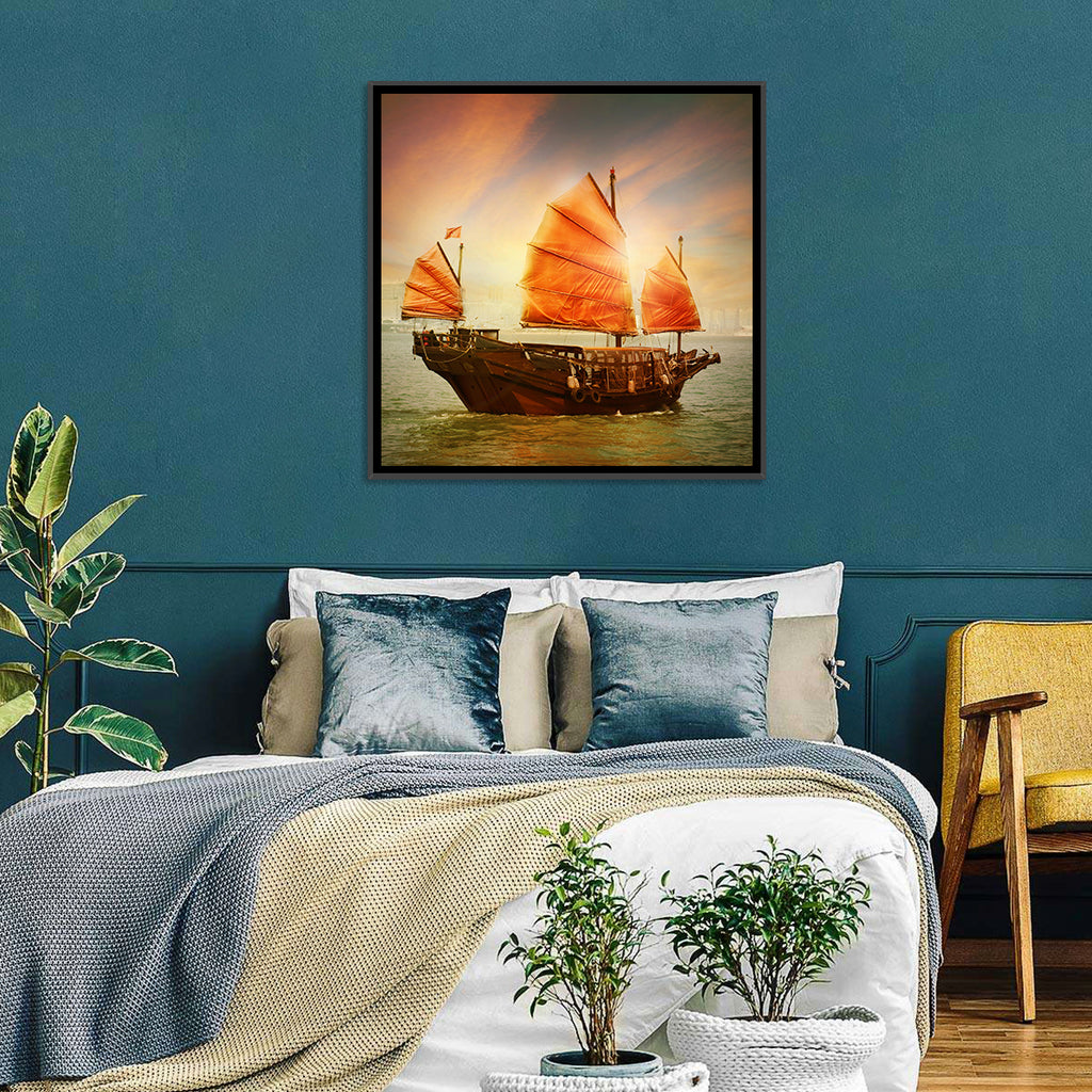 Red Sailed Junk at Victoria Harbour Wall Art