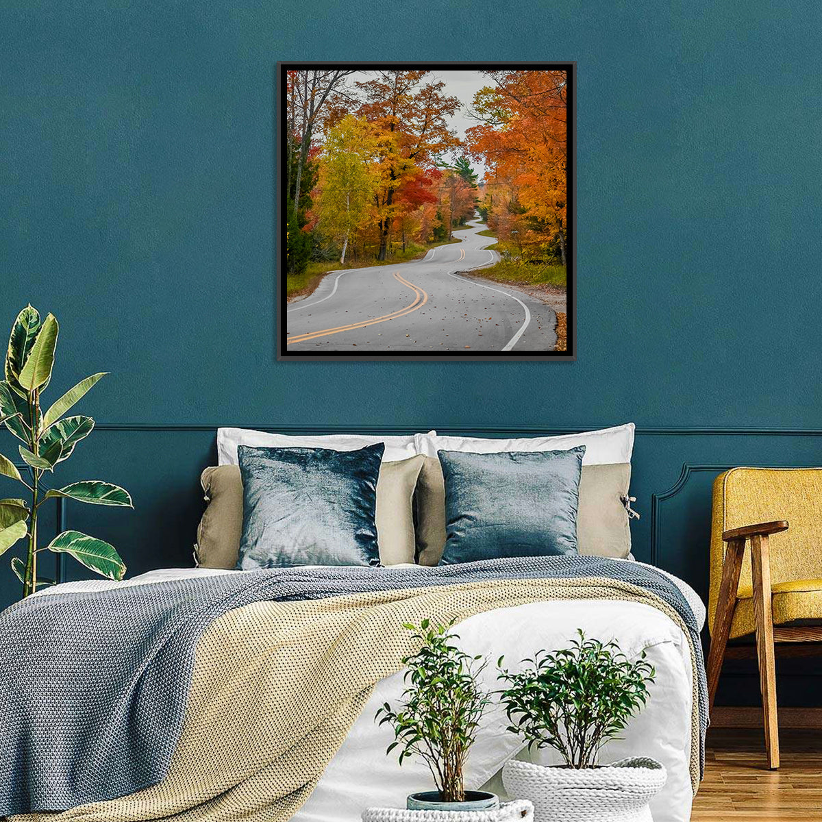 Winding Autumn Highway Wall Art in a room, square