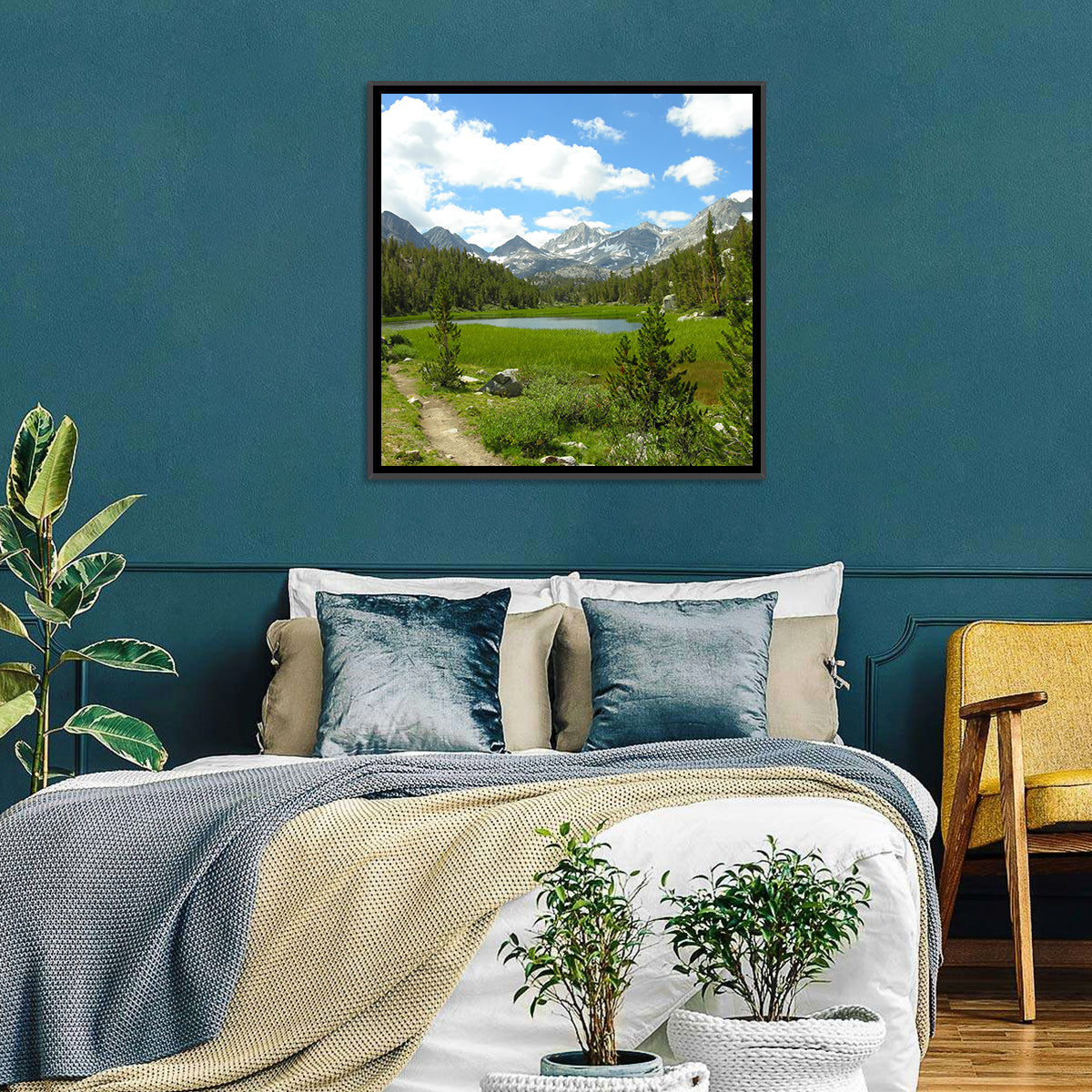 Sierra Nevada Trail to Snow Capped Peaks Wall Art in a room, square
