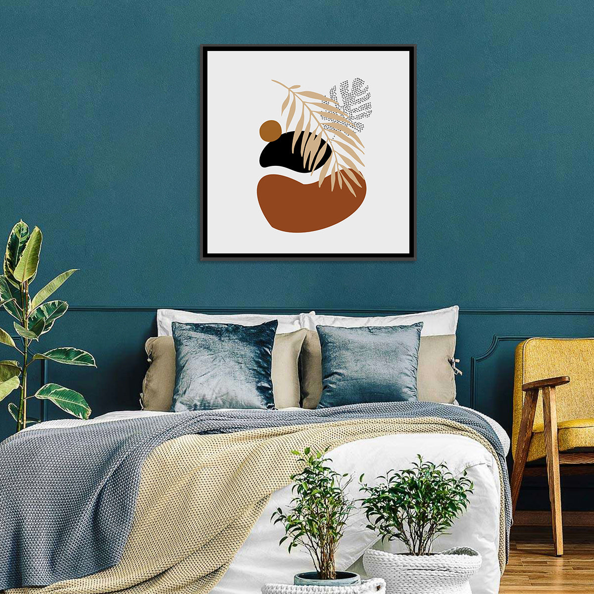 Tropical Stones Palm Leaf Wall Art in a room, square