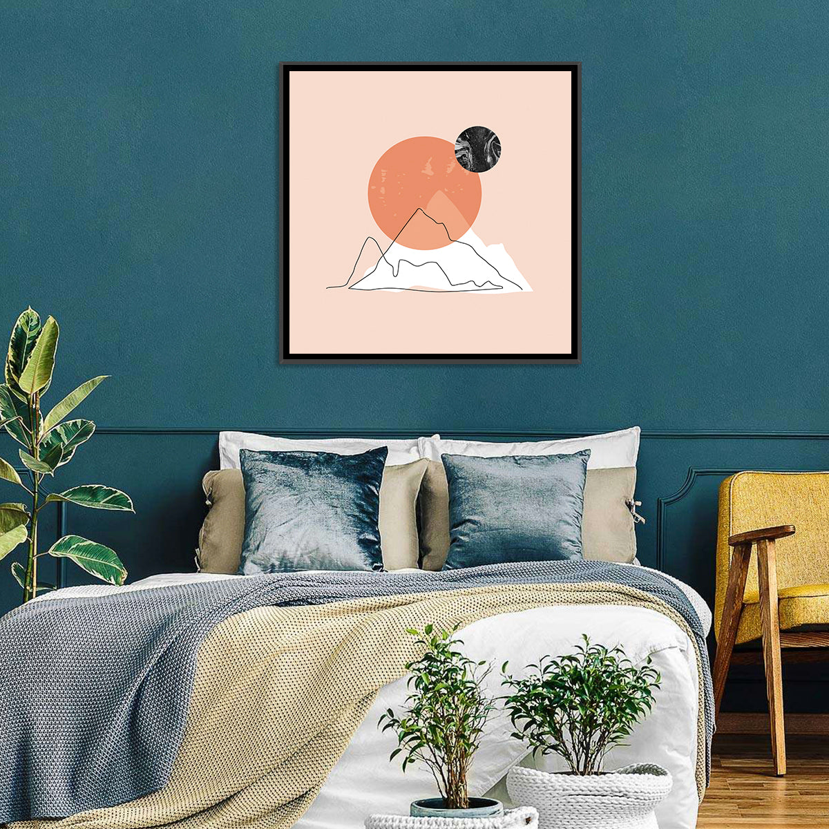 Mountain Peak and Sun Wall Art in a room, square