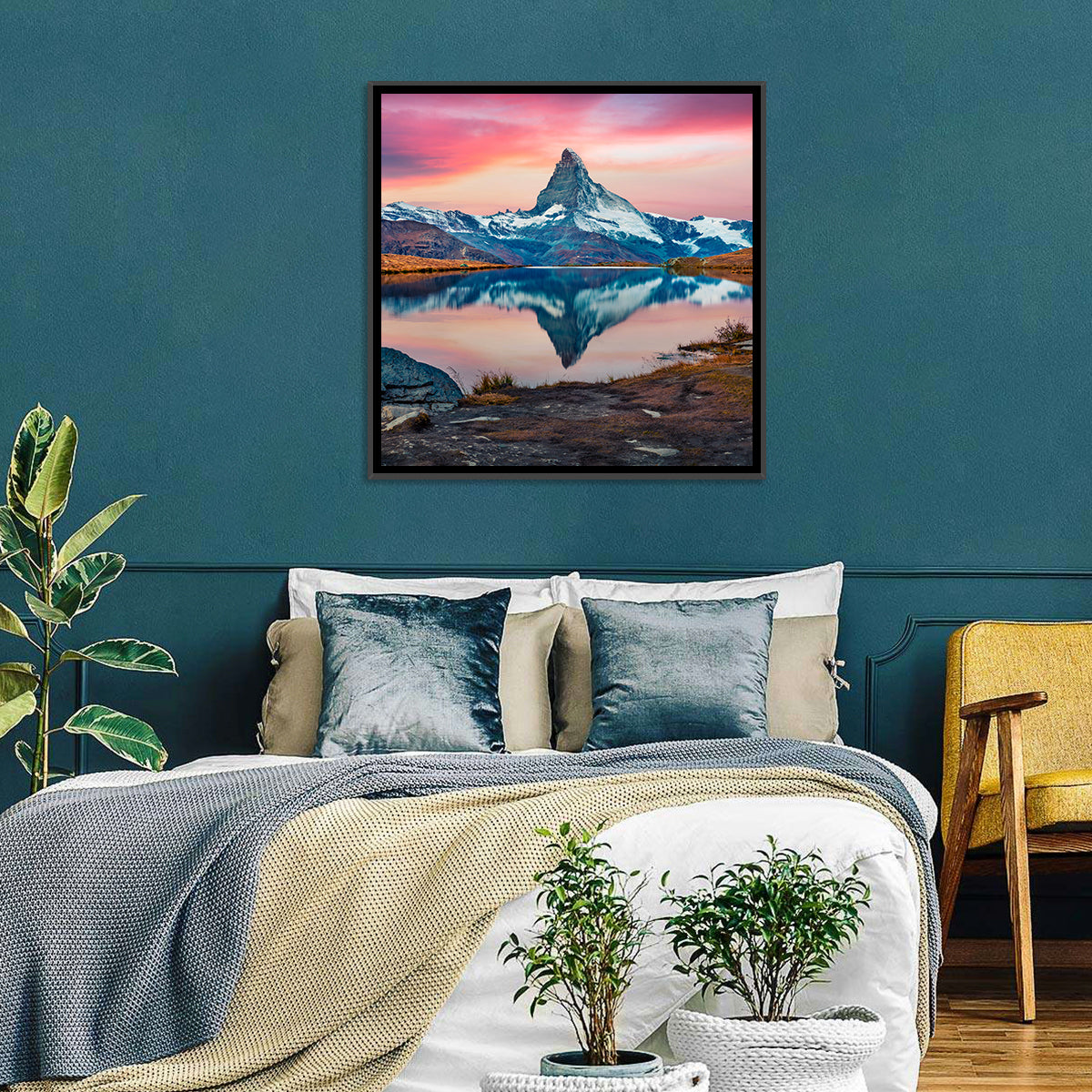 Matterhorn Reflection at Stellisee Wall Art in a room, square
