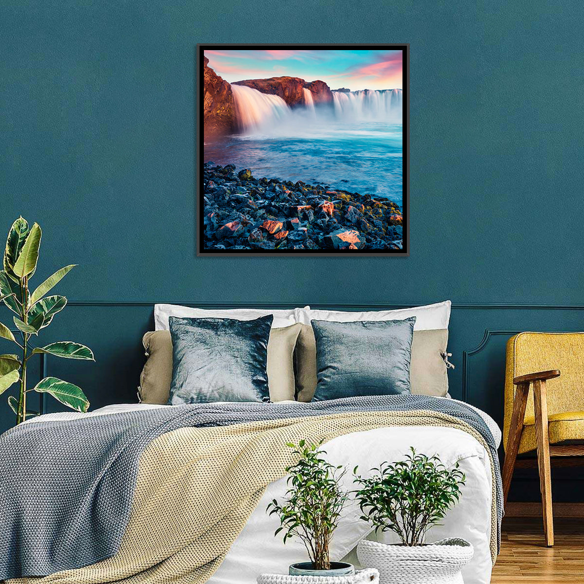 Goðafoss Waterfall at Sunset Wall Art in a room, square