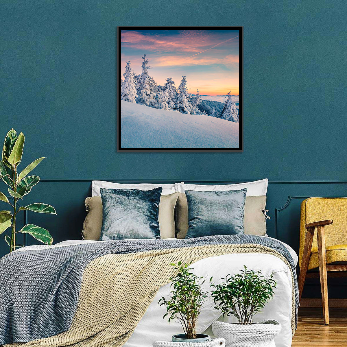 Snowy Carpathian Sunset Wall Art in a room, square