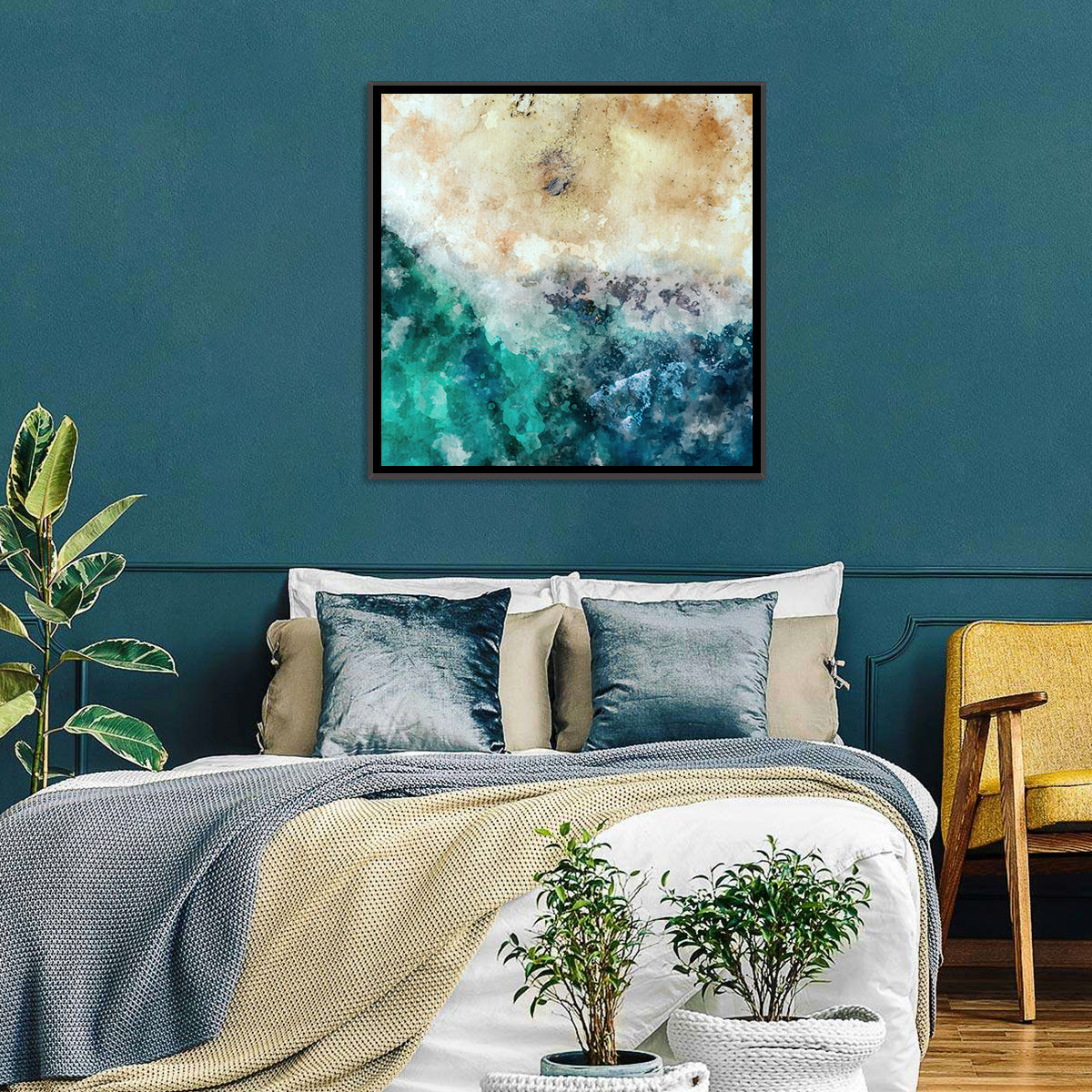 Aerial Beach Abstract Wall Art in a room, square