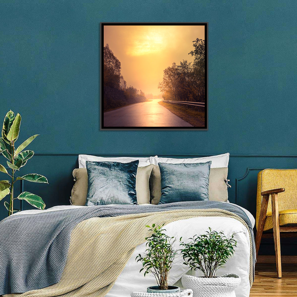 Windy Misty Forest Road Wall Art in a room, square