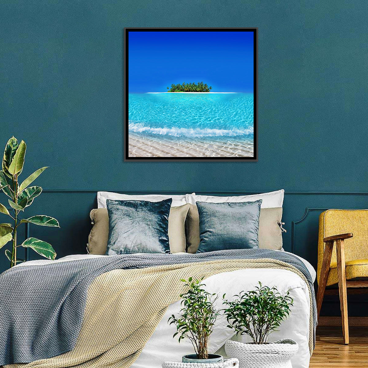 Turquoise Atoll Sandbar with Palm Trees Wall Art in a room, square