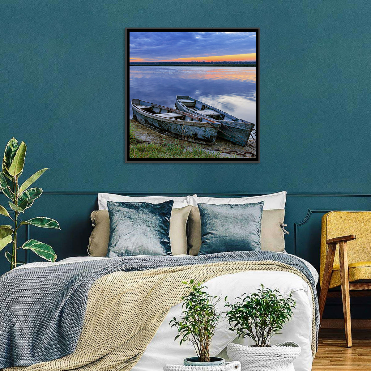 Chained Rowboats at Dusk Wall Art in a room, square