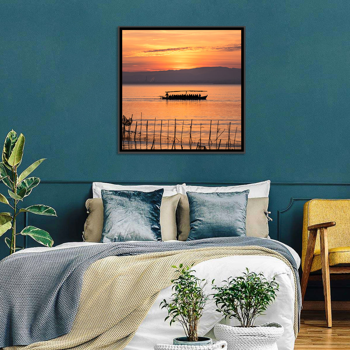 Albufera Sunrise Boat Silhouette Wall Art in a room, square