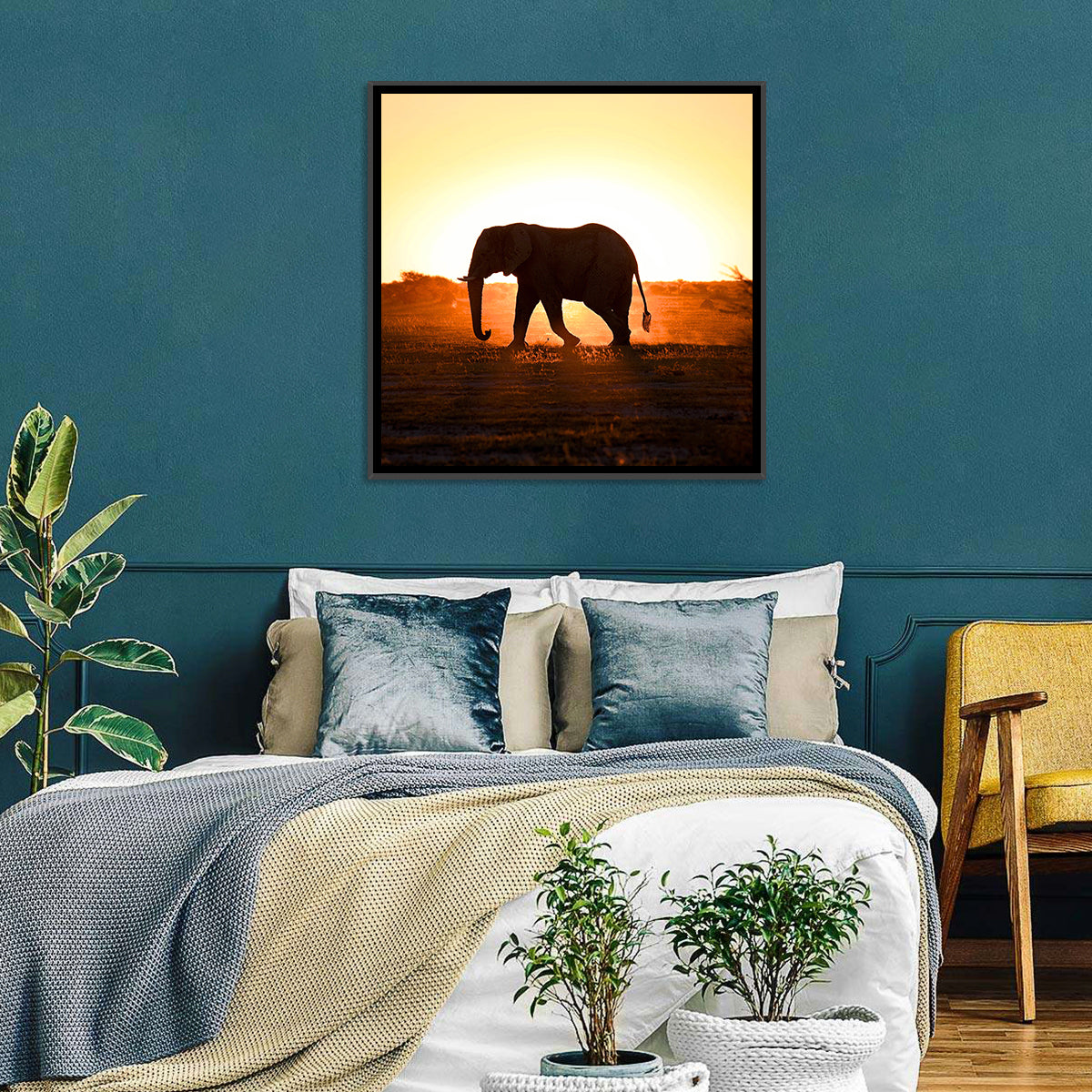 Golden Hour Elephant Silhouette Wall Art in a room, square