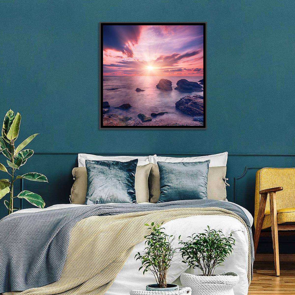Ethereal Sea Sunrise Wall Art in a room, square