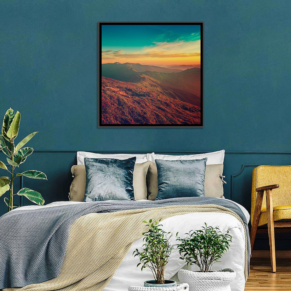 Alpine Rhododendrons at Golden Sunrise Wall Art in a room, square