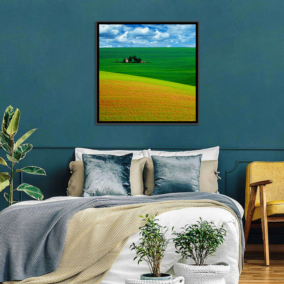 Golden Field and Green Hillside Wall Art in a room, square
