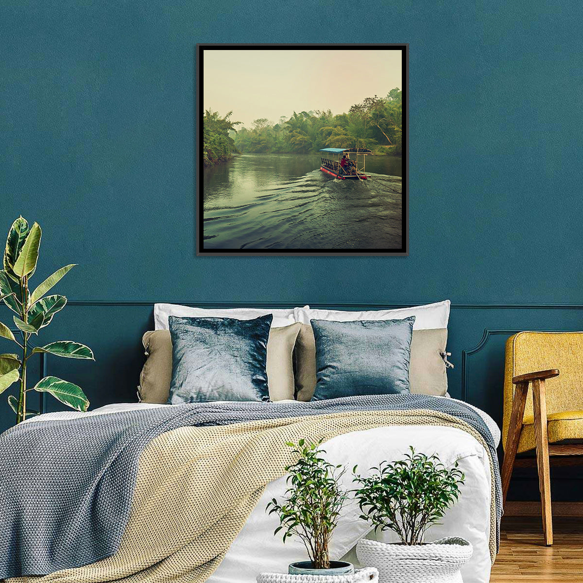Misty Long-tail Boat on River Kwai Wall Art in a room, square