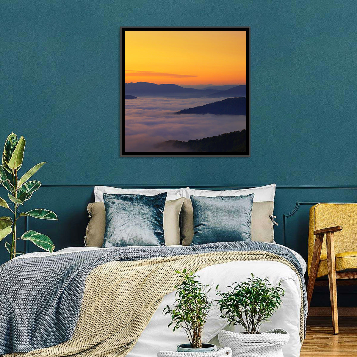 Cloud Sea Over Mountains at Golden Dawn Wall Art in a room, square
