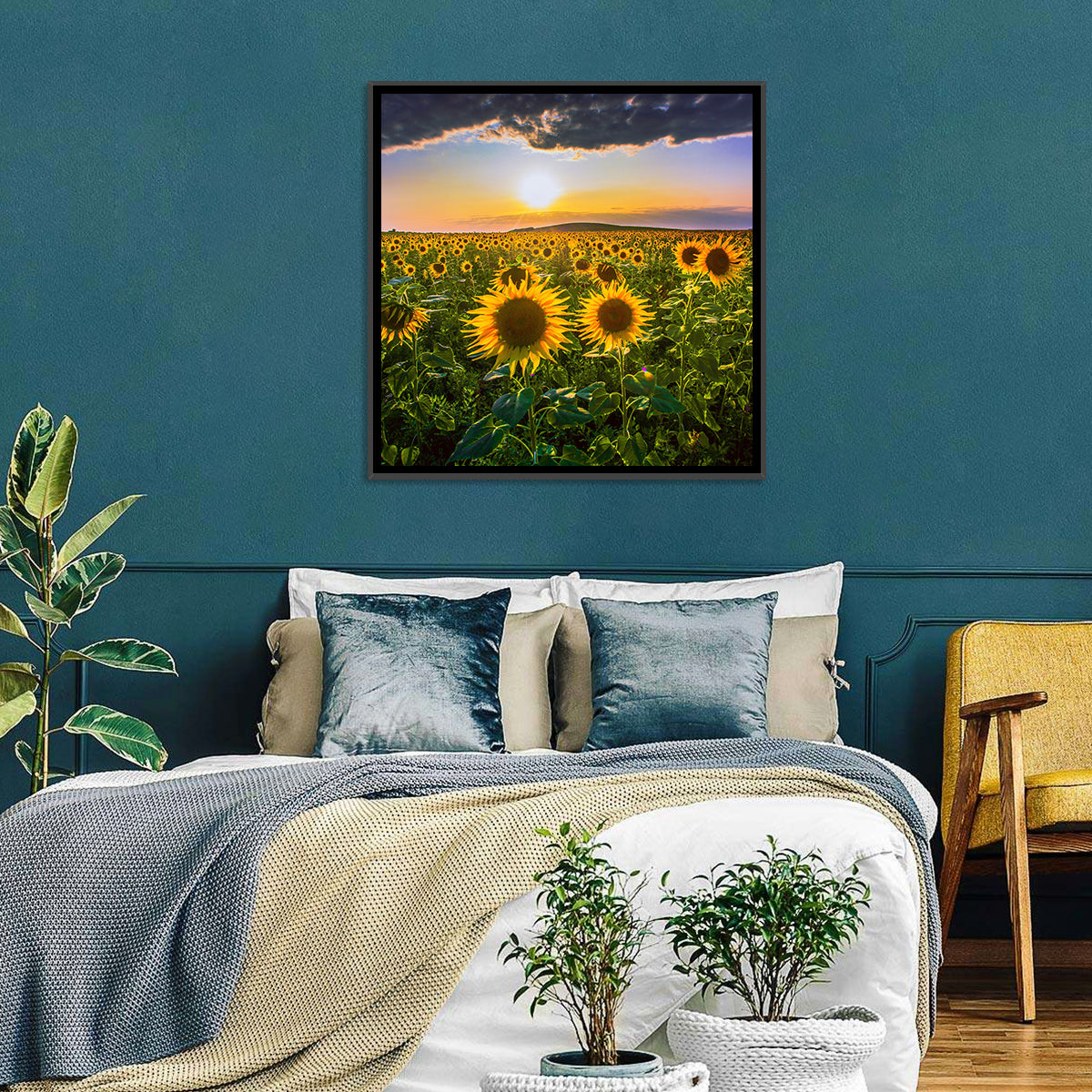 Sunflower Field at Golden Hour Wall Art in a room, square