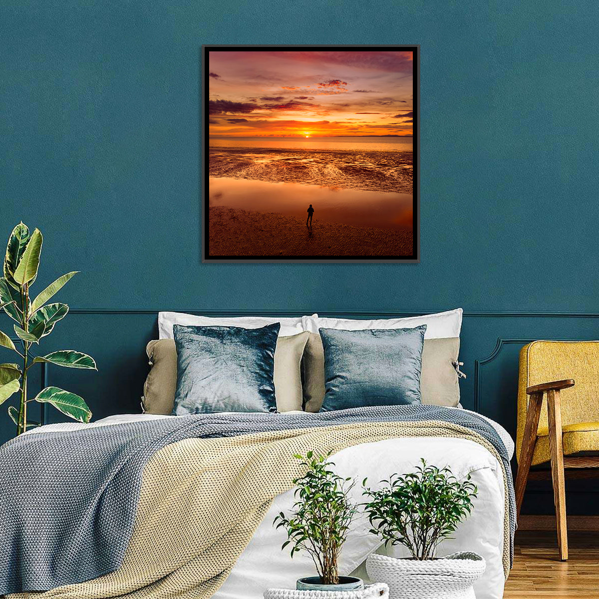 Solitary Figure on Sunset Shore Wall Art in a room, square
