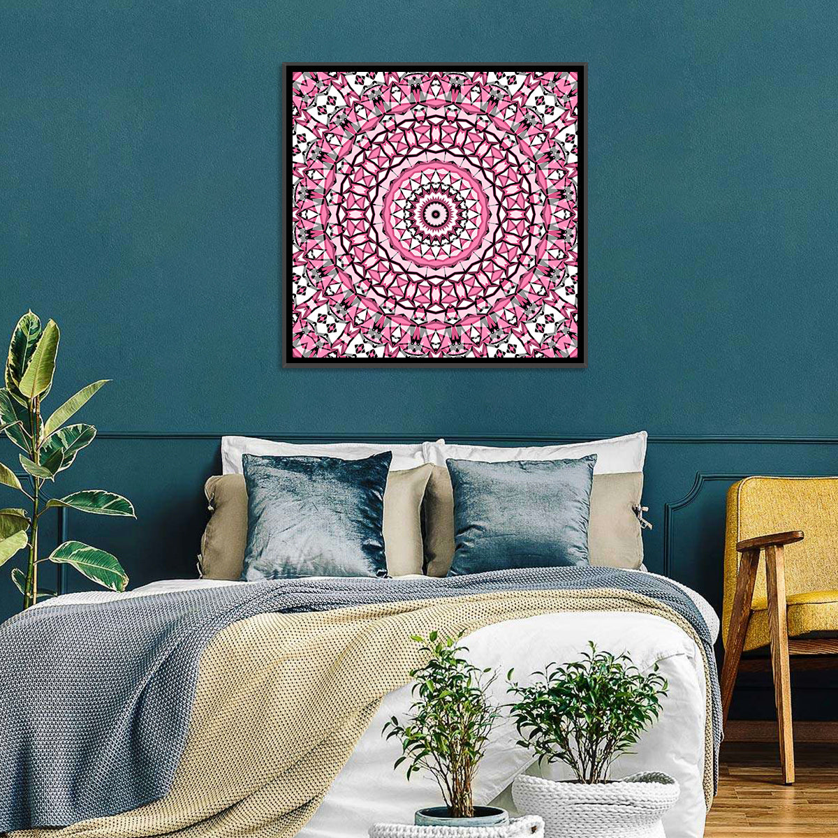 Pink Mosaic Kaleidoscope Mandala Wall Art in a room, square