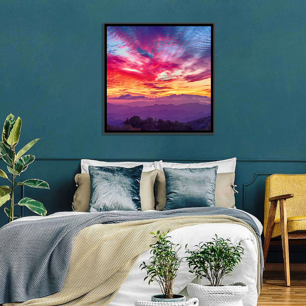 Golden Dusk Cloud Mountains Wall Art in a room, square