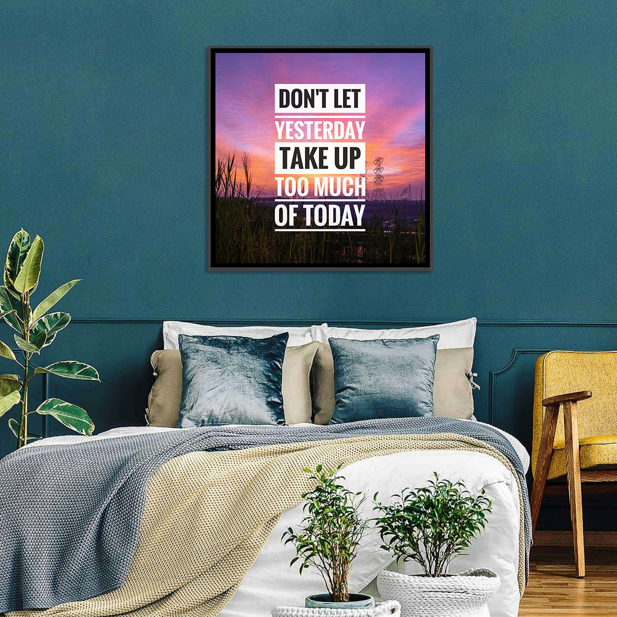 Don't Let Yesterday, Sunset Quote Wall Art in a room, square