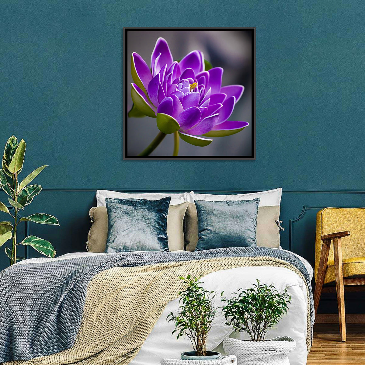 Purple Water Lily Close-up Wall Art in a room, square