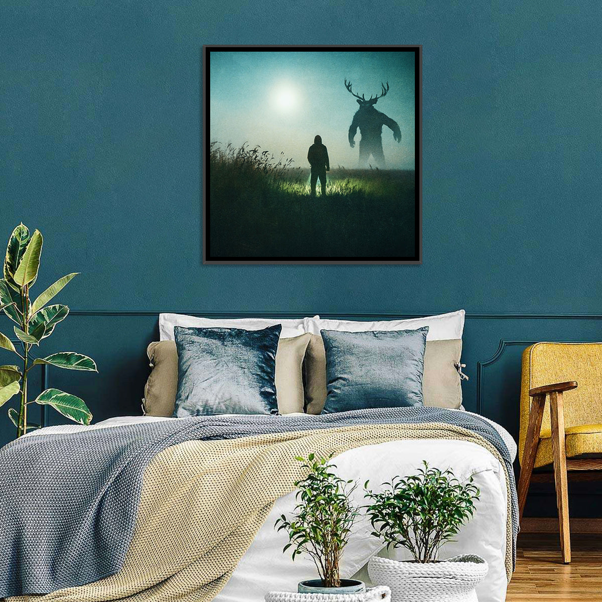 Antlered Shadow in Mist Wall Art in a room, square