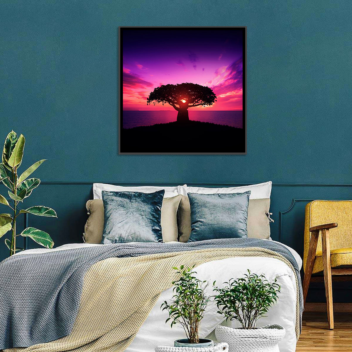 Baobab Sunset Silhouette Wall Art in a room, square