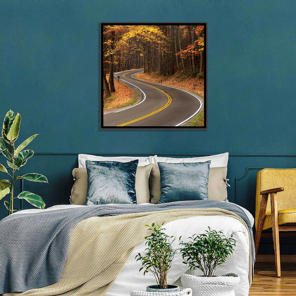 S-curve Road Through Autumn Forest Wall Art in a room, square