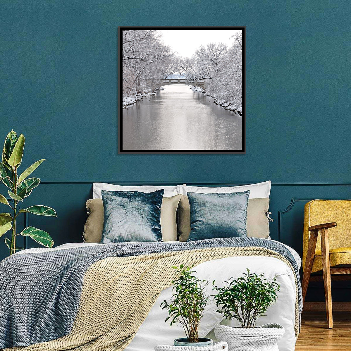 Yahara River Winter Stone Bridge Wall Art in a room, square