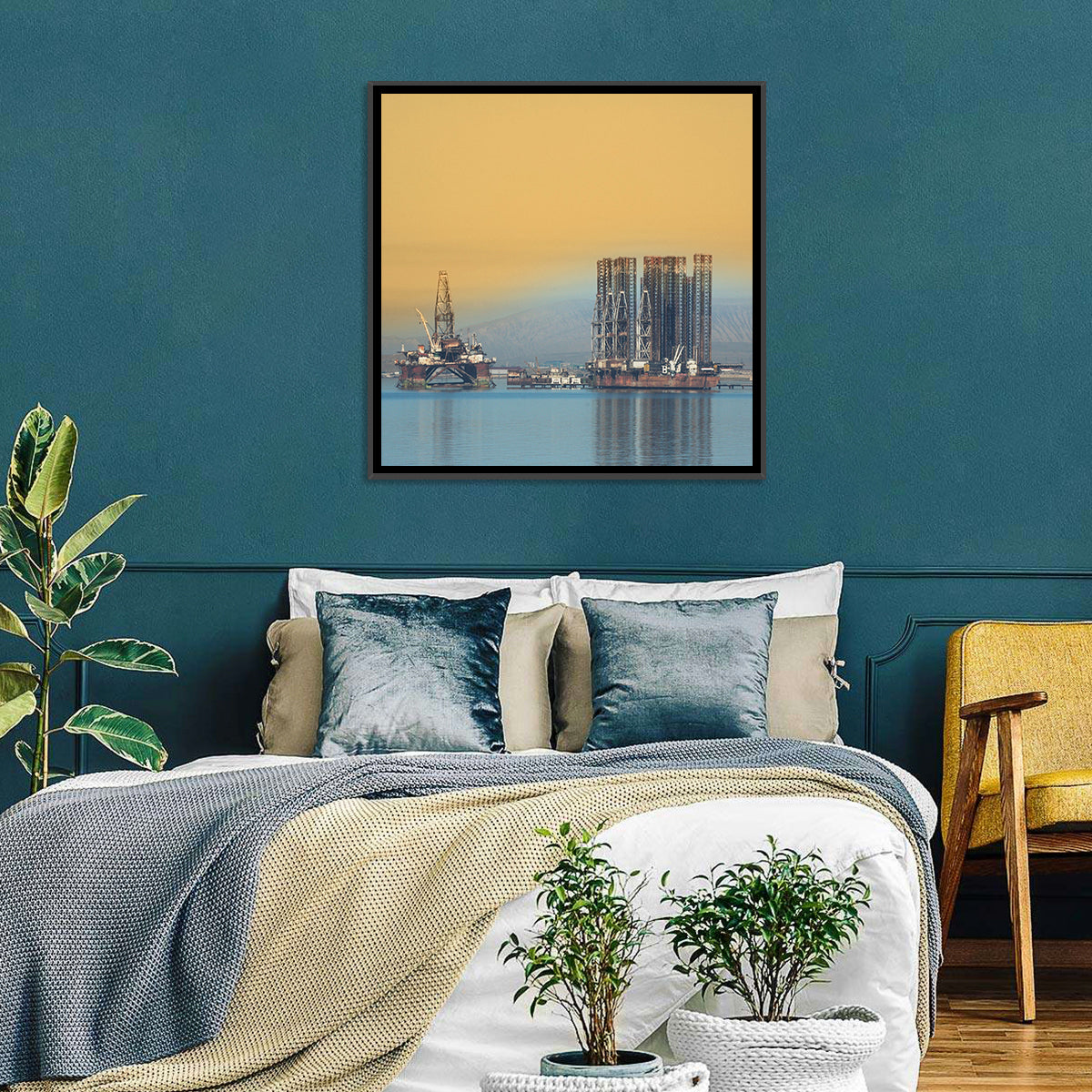 Baku Oil Rigs at Dusk Wall Art in a room, square