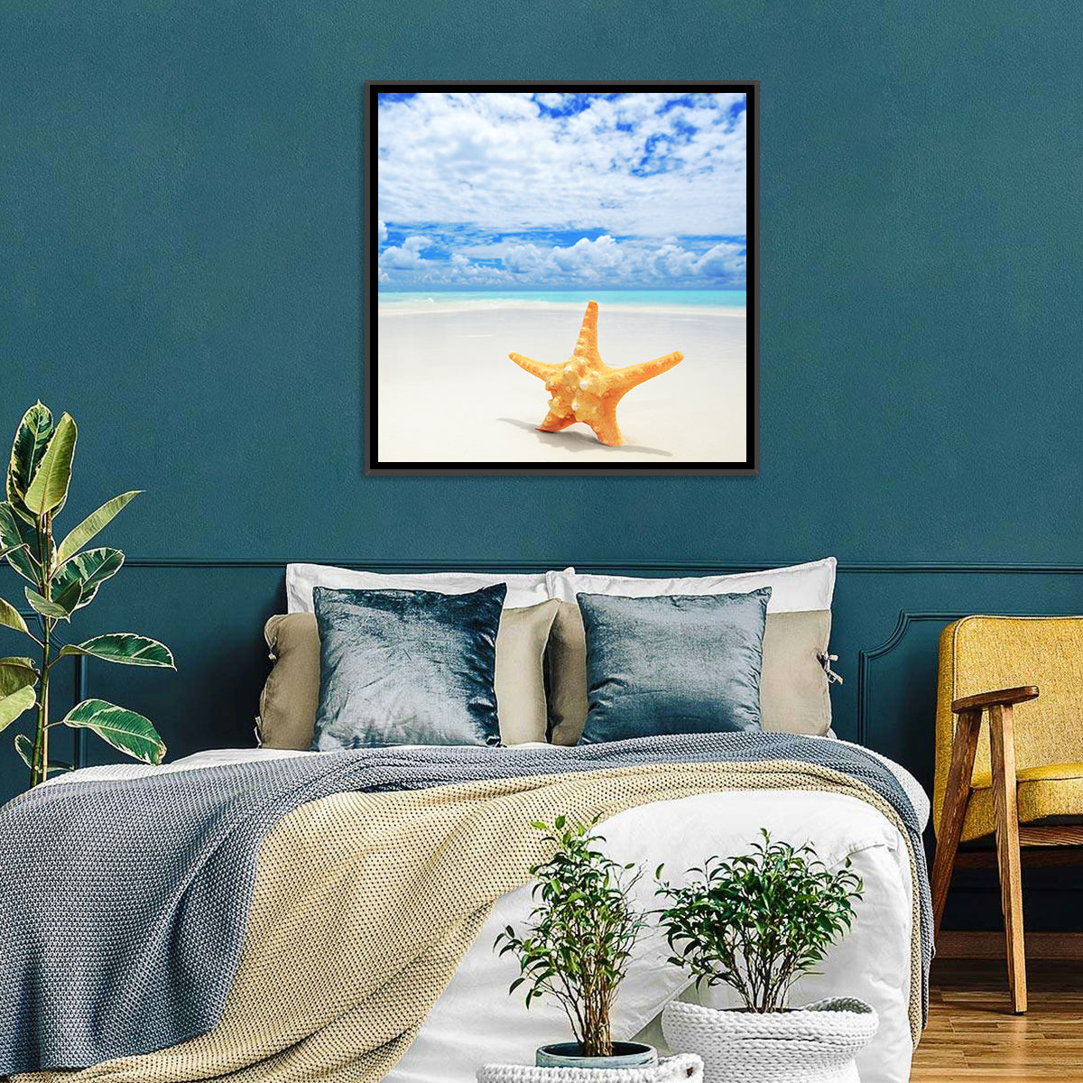 Minimalist Yellow Starfish on Turquoise Shore Wall Art in a room, square