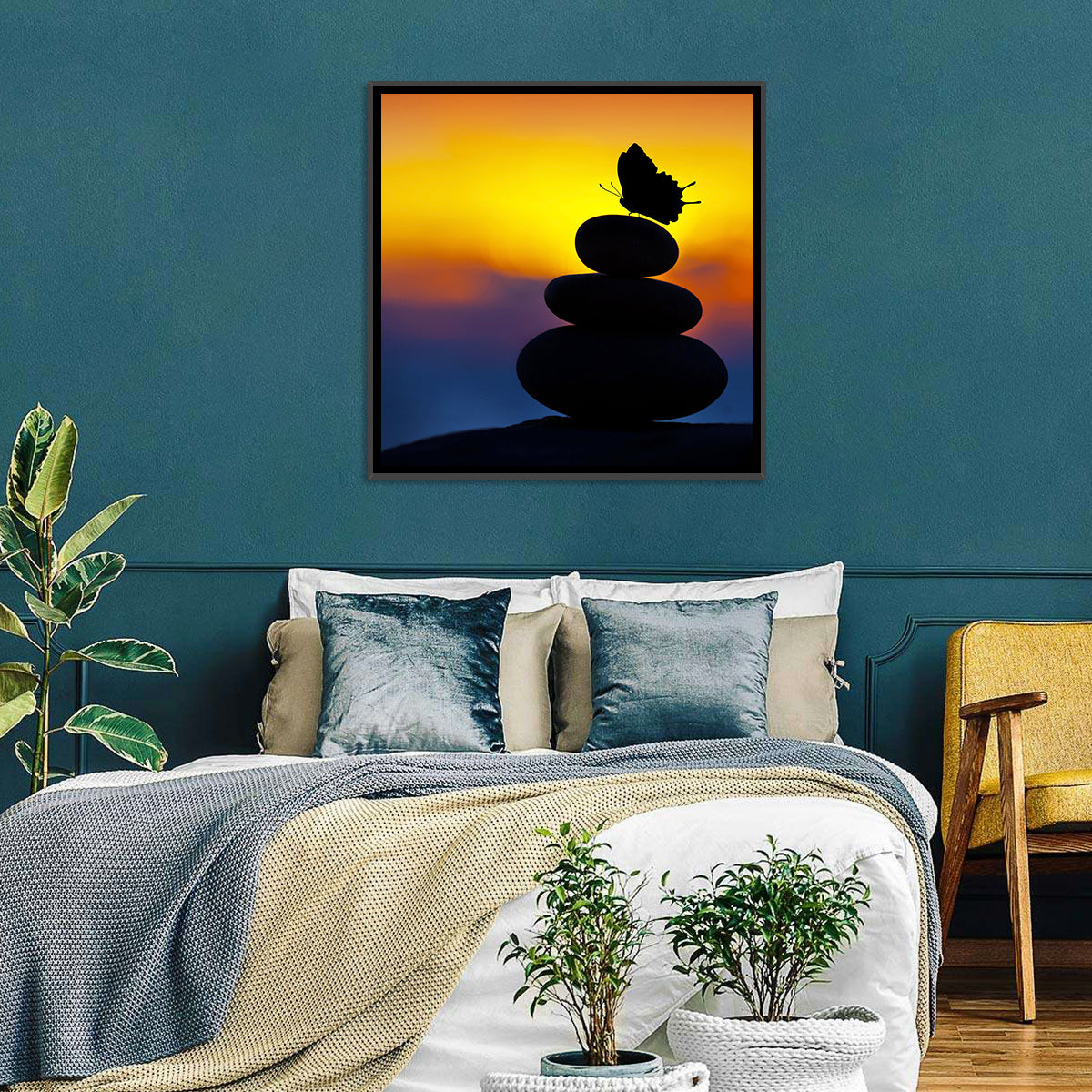 Stacked Spa Stones with Butterfly Wall Art in a room, square