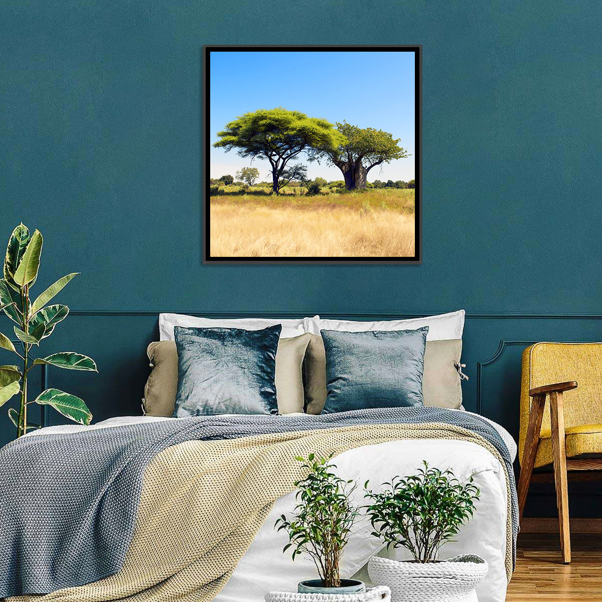Acacia and Baobab Trees Wall Art in a room, square