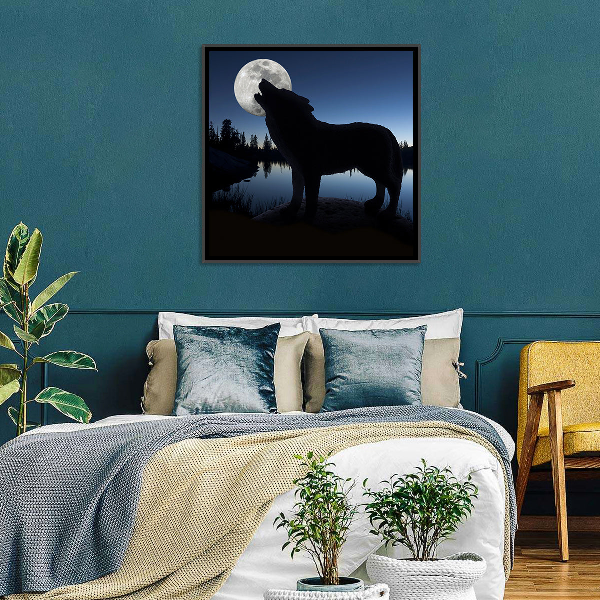 Howling Wolf at Full Moon Wall Art in a room, square