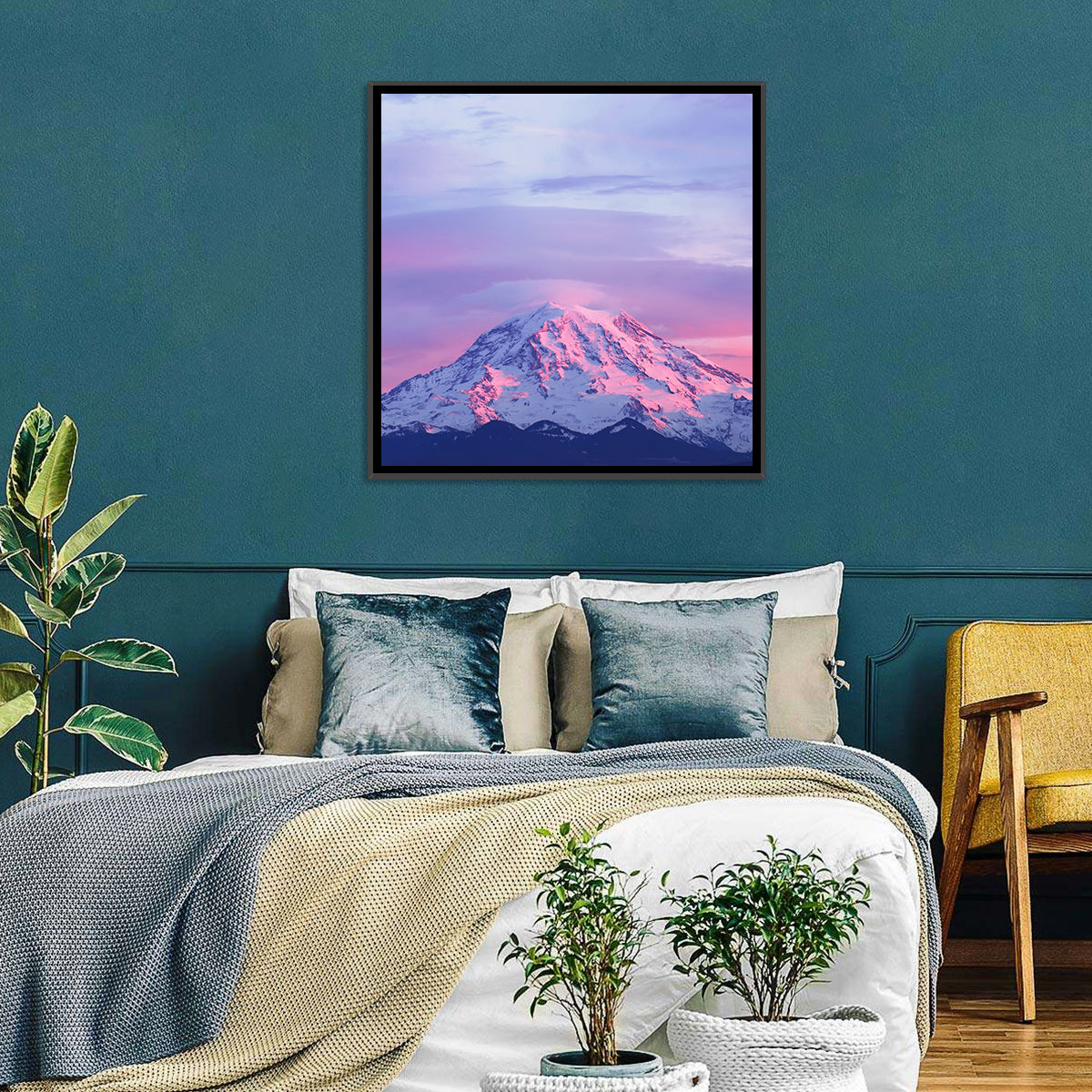 Mount Rainier Alpenglow with Lenticular Cloud Wall Art in a room, square