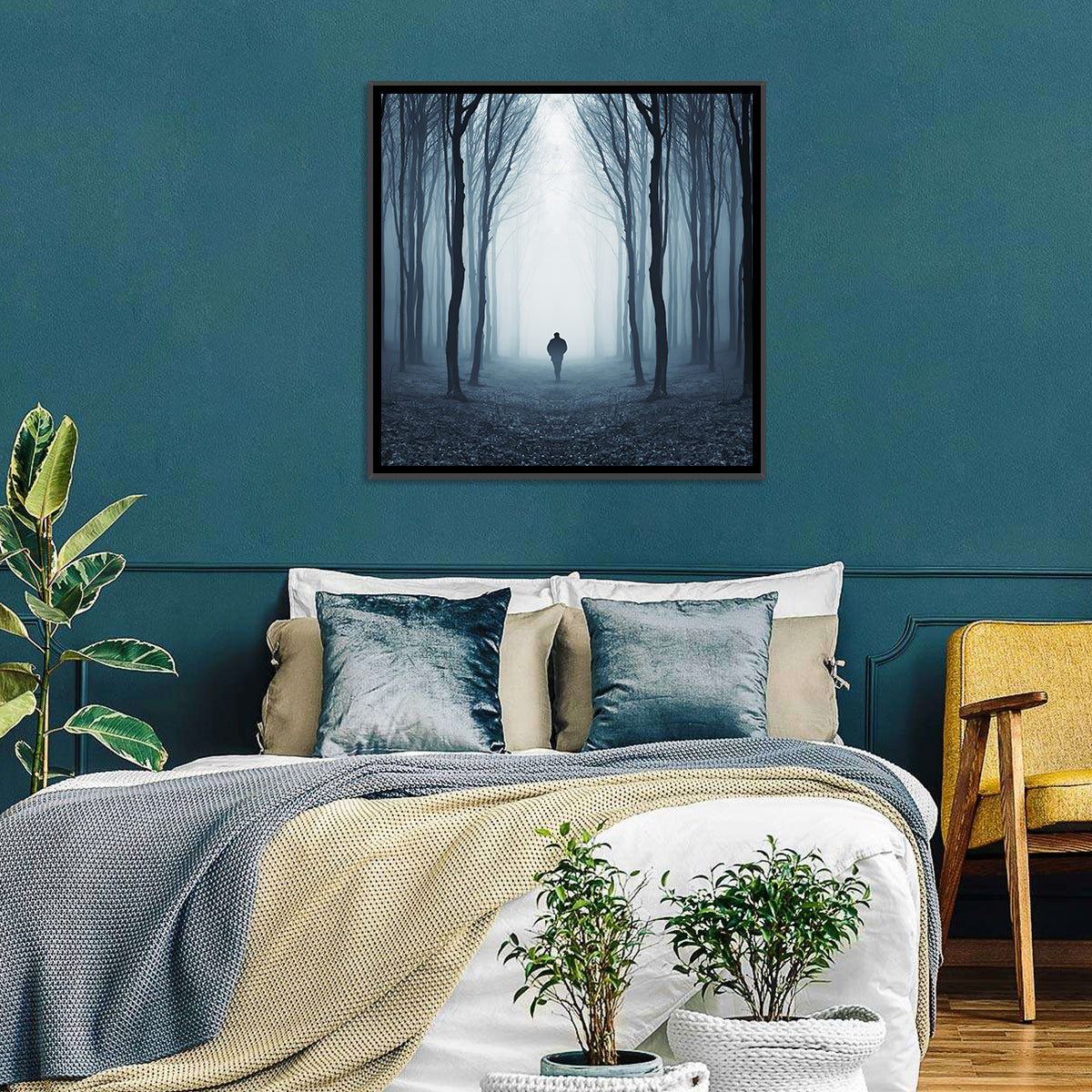 Lone Figure in Misty Forest Wall Art in a room, square